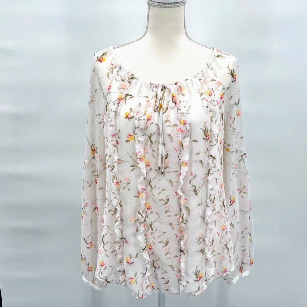 White House Black Market Top Blouse Long Sleeve Floral Print 10